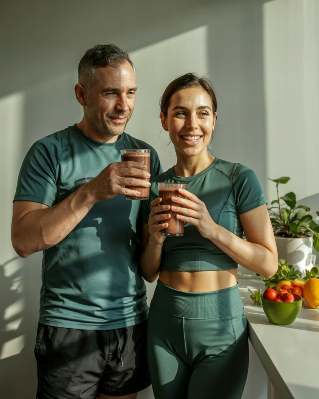 Active adults over 40 enjoying a healthy drink at home