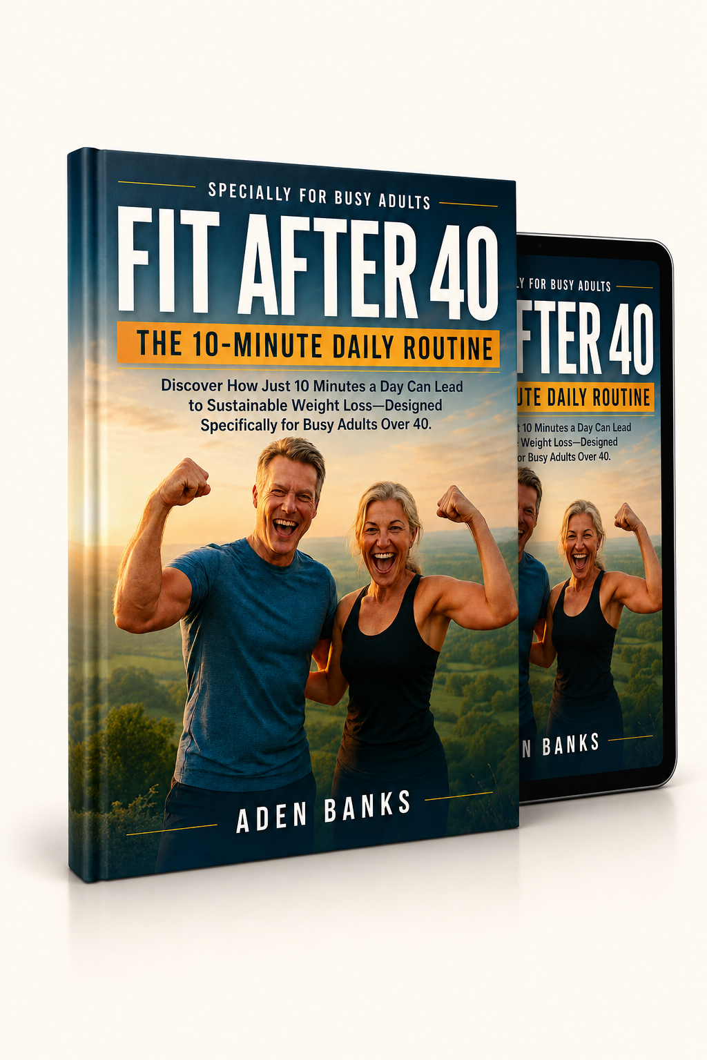 Fit After 40: The 10-Minute Daily Routine by Aden Banks — digital ebook shown on a hardcover and a tablet